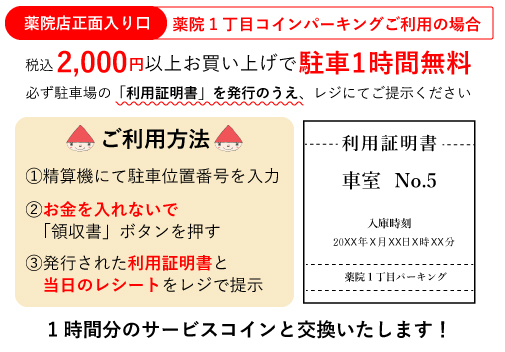 薬院店駐車場1時間無料サービスについて